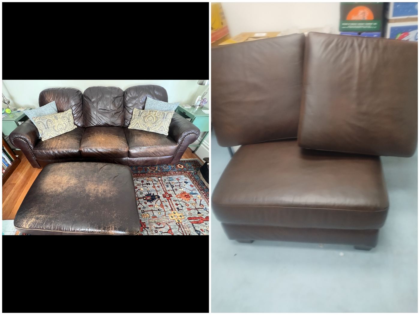 Leather sofa & ottoman — sun fading fully reconditioned