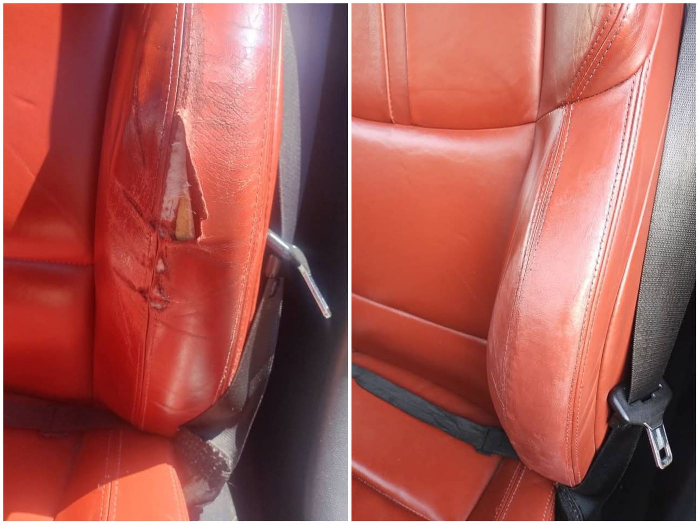 Car seat bolster — deep tear repaired & recolored