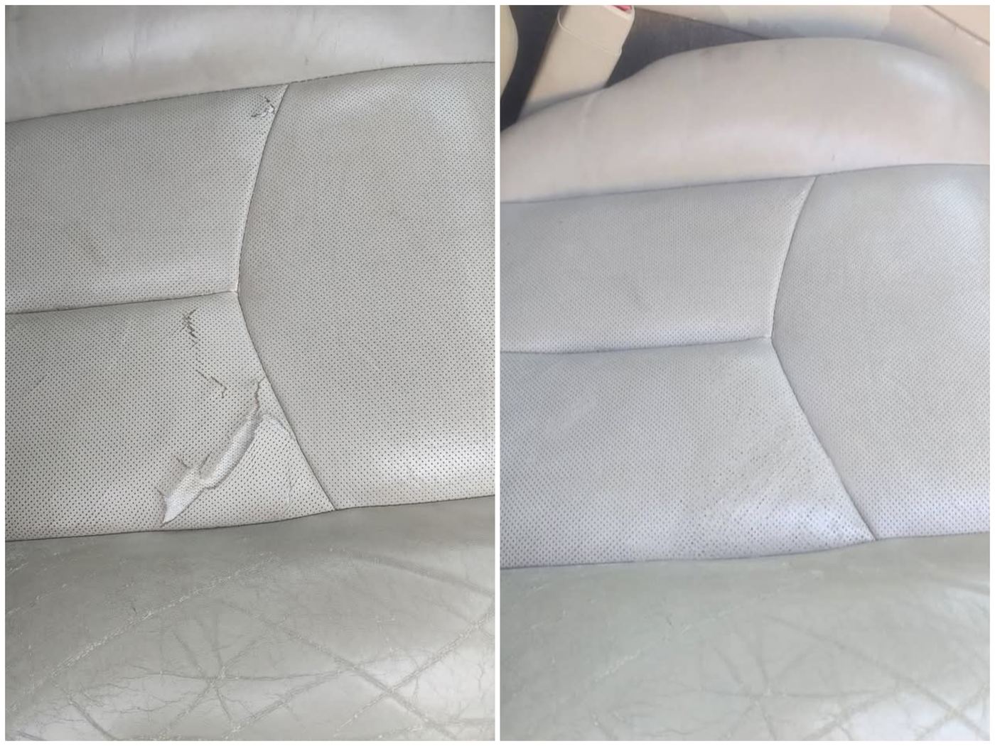 Perforated car seat — tear seamlessly repaired