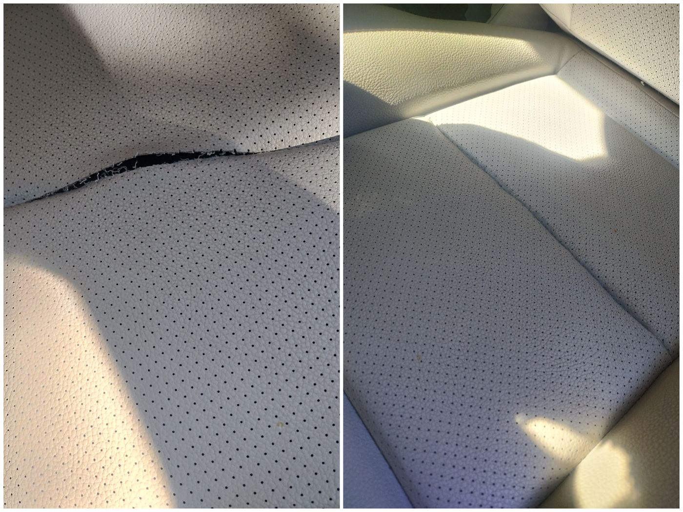 Perforated white leather seat — torn seam fully repaired