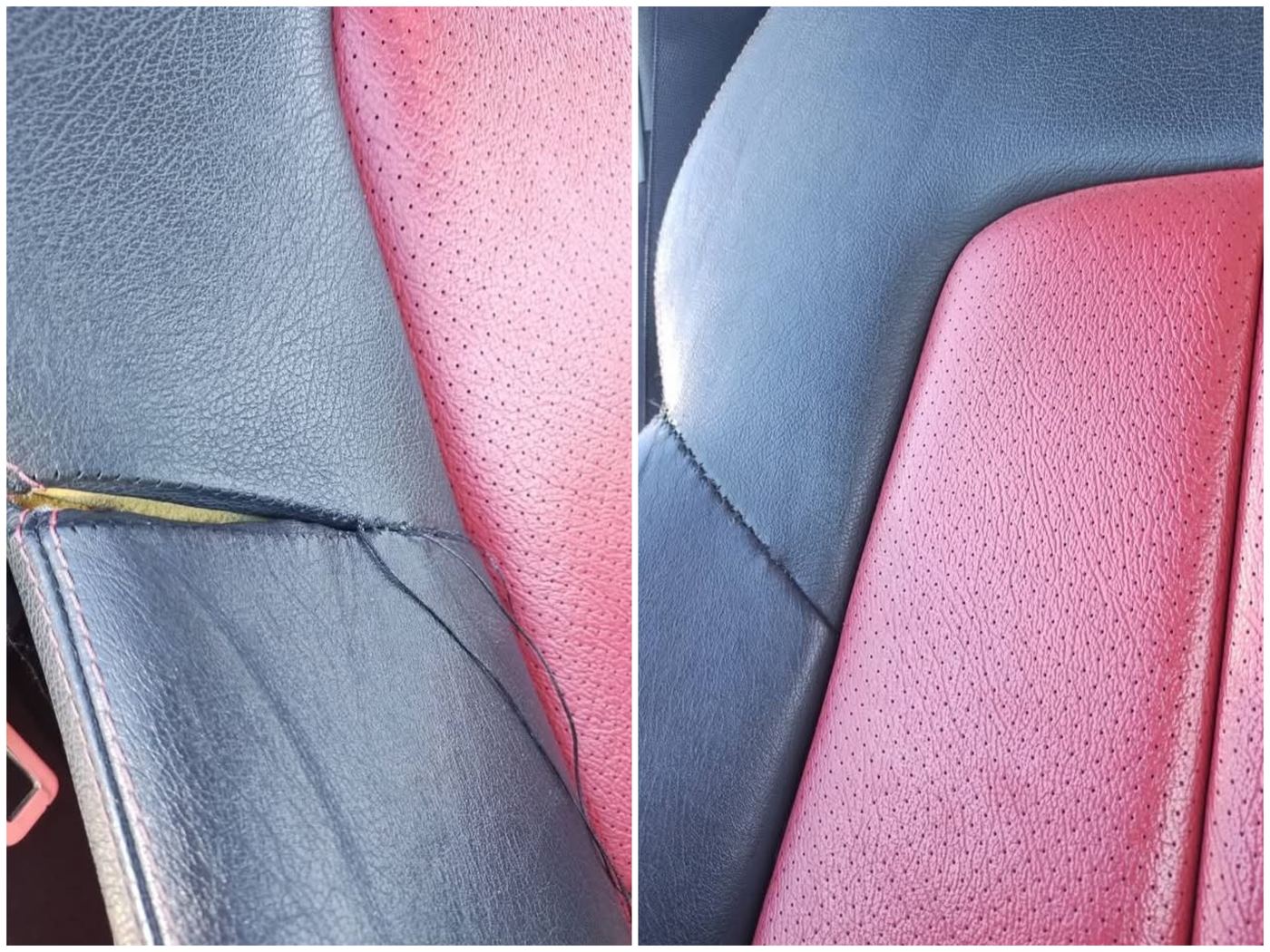 Two-tone leather seat — torn seam rebuilt