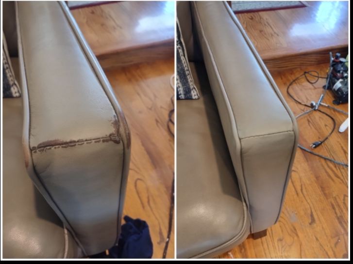 Tan leather sofa arm — worn edge restored