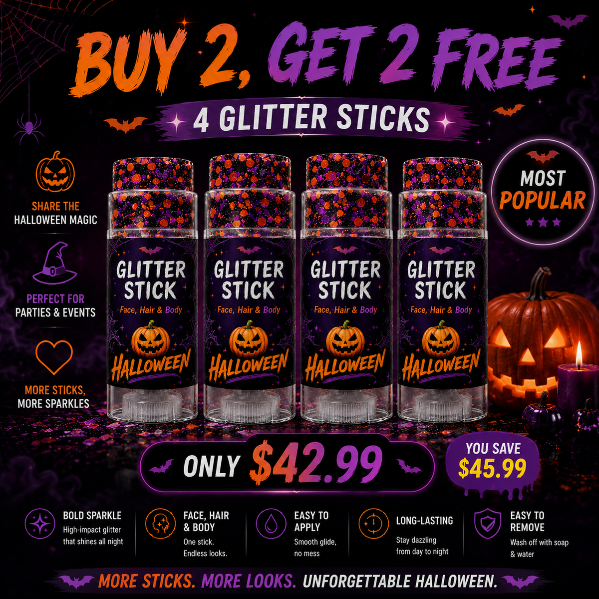 🎃✨ BUY 1 GET 1 FREE ✨🎃 Halloween Glitter Stick for Face, Hair & Body 💖💫