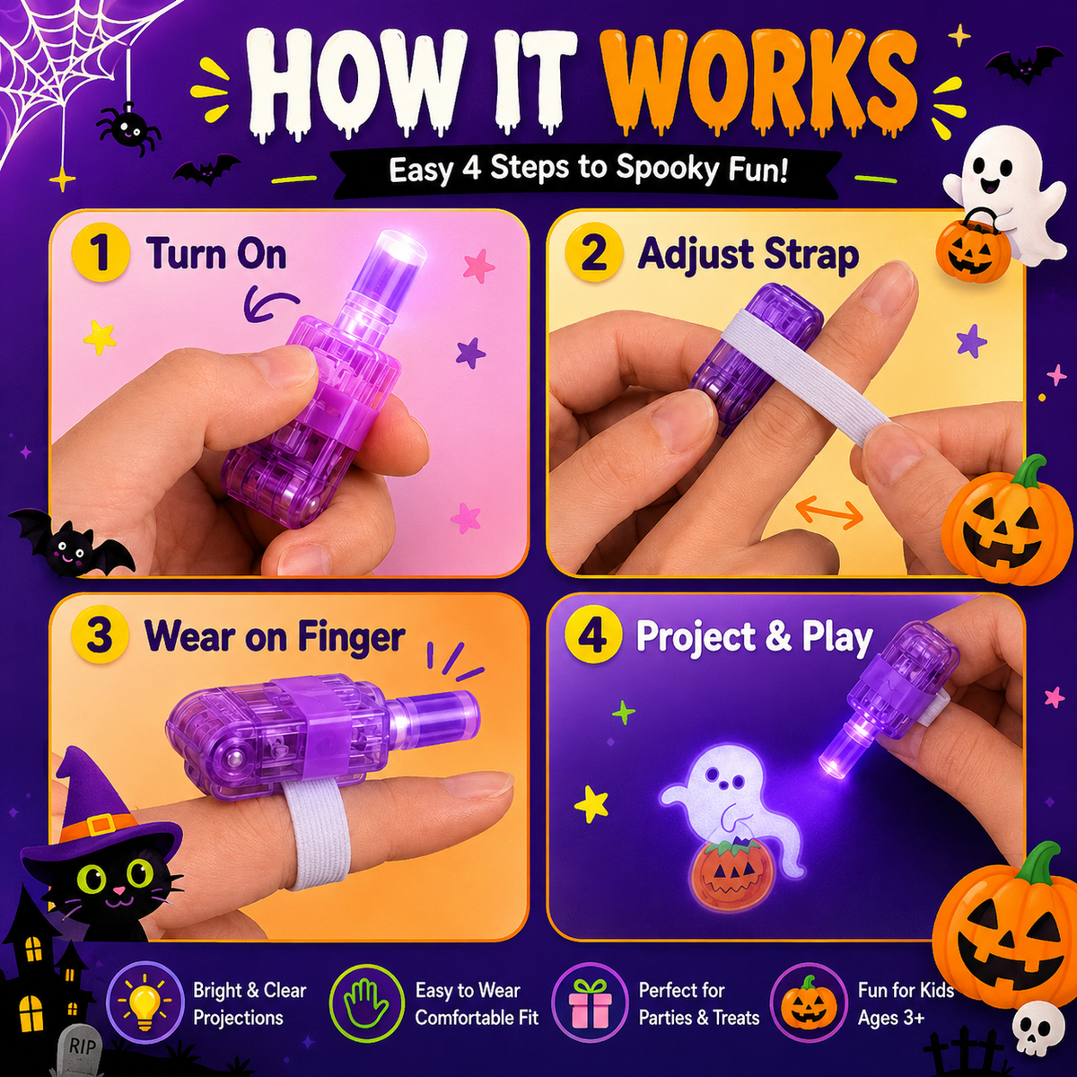 👻 BUY 1 GET 1 FREE 👻 ✨ Magic Halloween Finger Projector Rings 🎃 LED Light-Up Spooky Toys for Kids 🔥