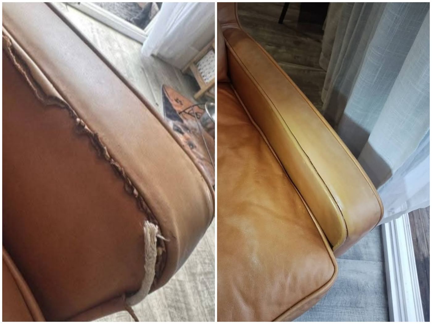 Tan leather sofa arm — torn seam rebuilt & recolored