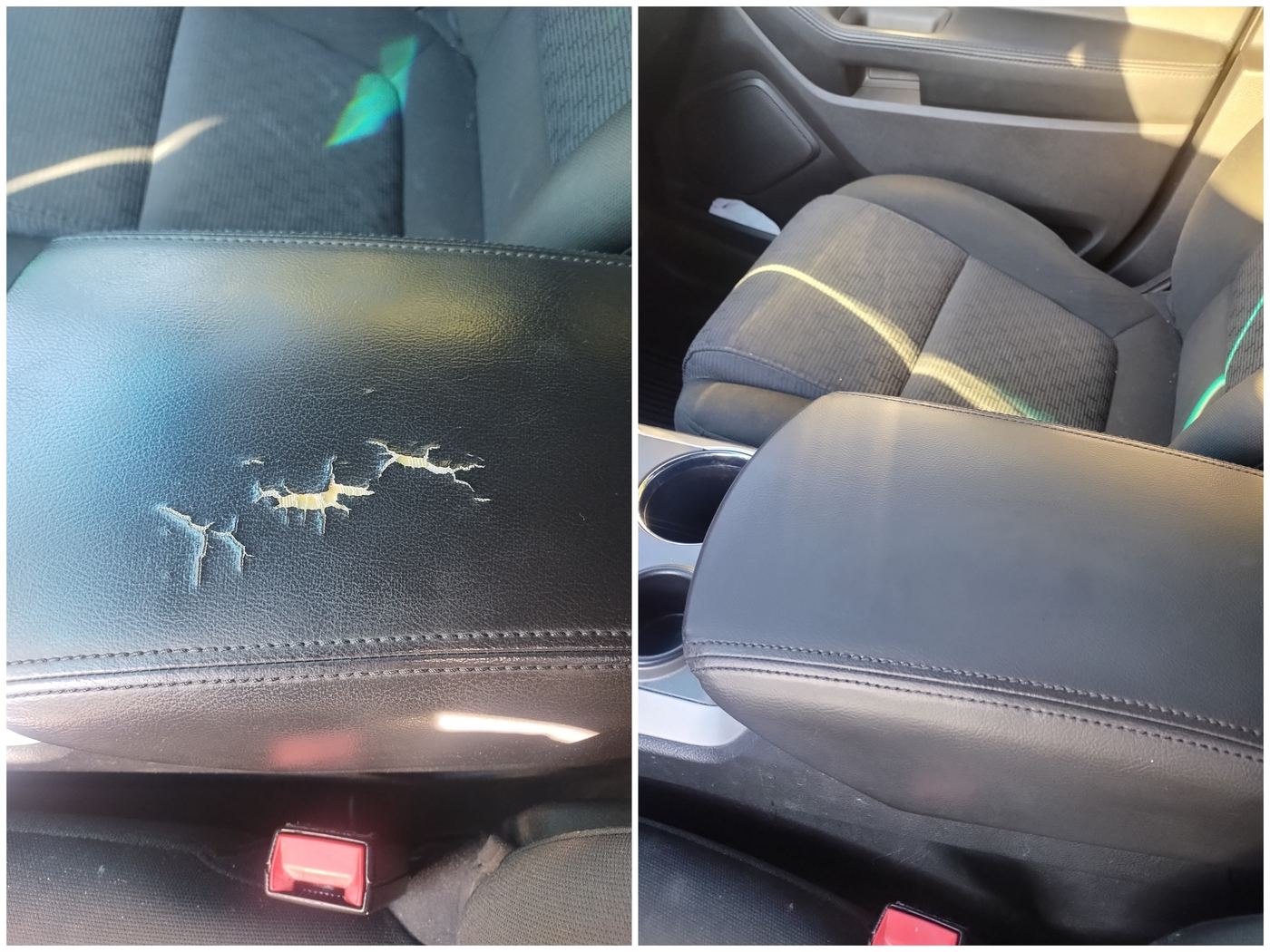 Center console armrest — deep tear rebuilt