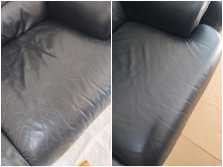 Black leather sofa seat — scratches removed