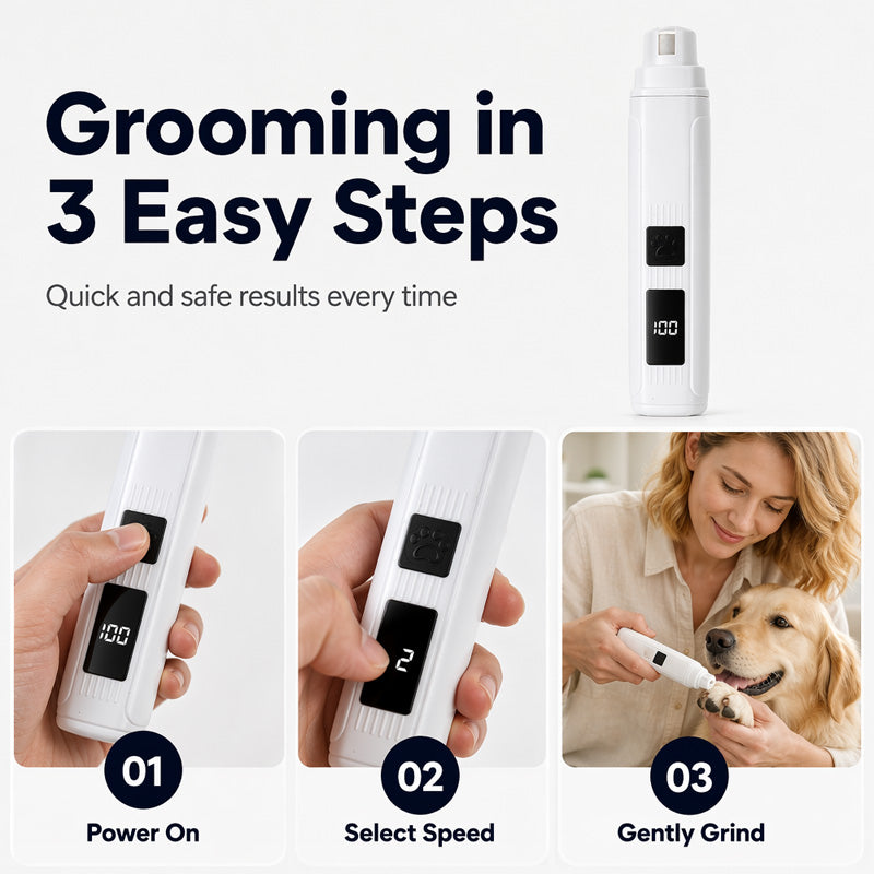 Electric Pet Nail Grinder – Whisper‑quiet, 3‑step gentle grinding. LED power display & USB‑C rechargeable – stress‑free grooming for dogs & cats!