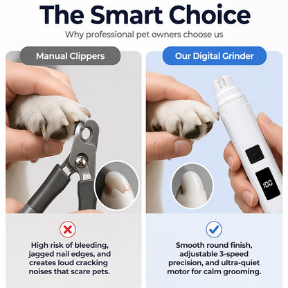 Electric Pet Nail Grinder – Whisper‑quiet, 3‑step gentle grinding. LED power display & USB‑C rechargeable – stress‑free grooming for dogs & cats!